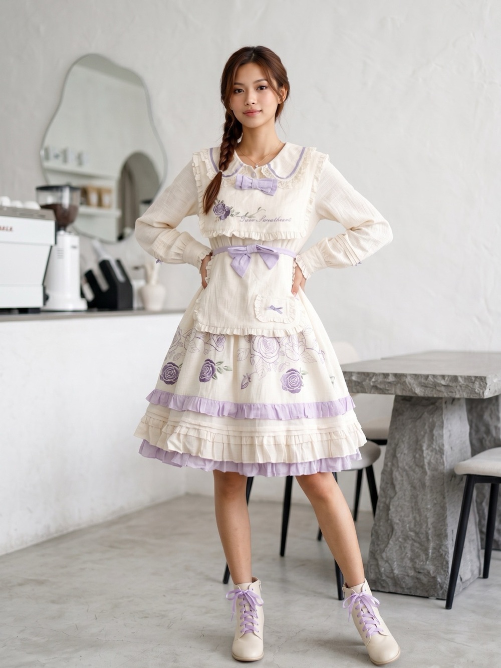 2253 - Cream & Lavender Ruffle Dress with Rose Embroidery(Crinoline not Included